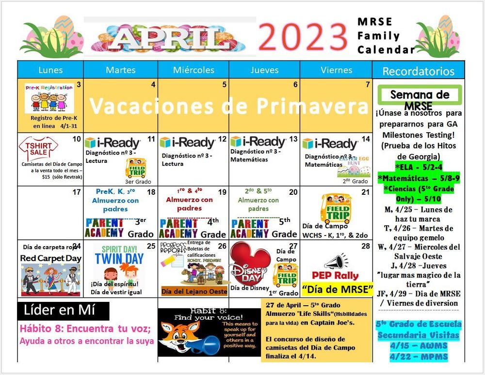 Spanish April Calendar Martha Smith Elementary School