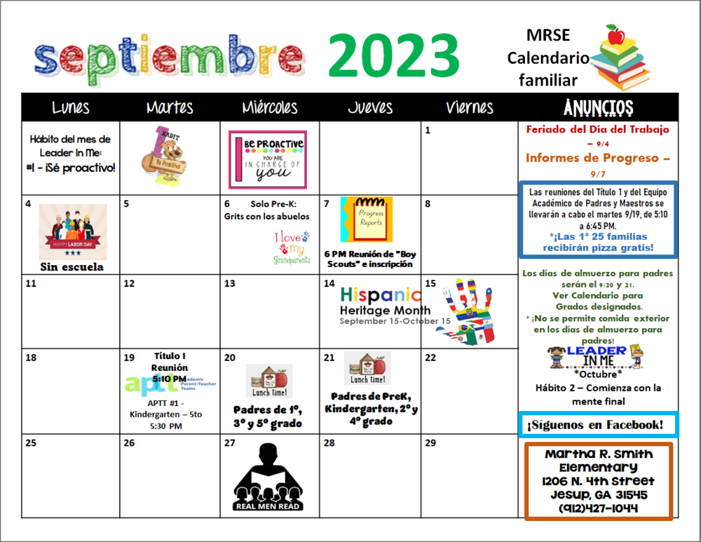 Spanish September Calendar Martha Smith Elementary School