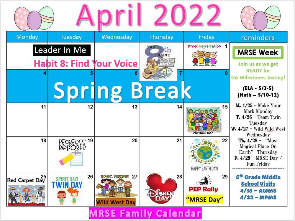 MRSE April Family Engagement Calendar