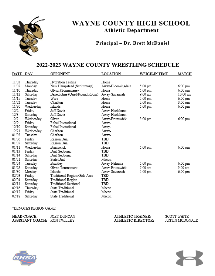 WCHS Wrestling Schedule Wayne County High School