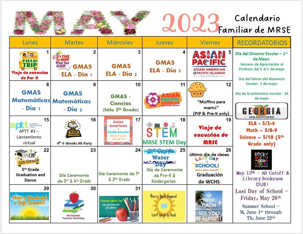 Spanish May Calendar Martha Smith Elementary School