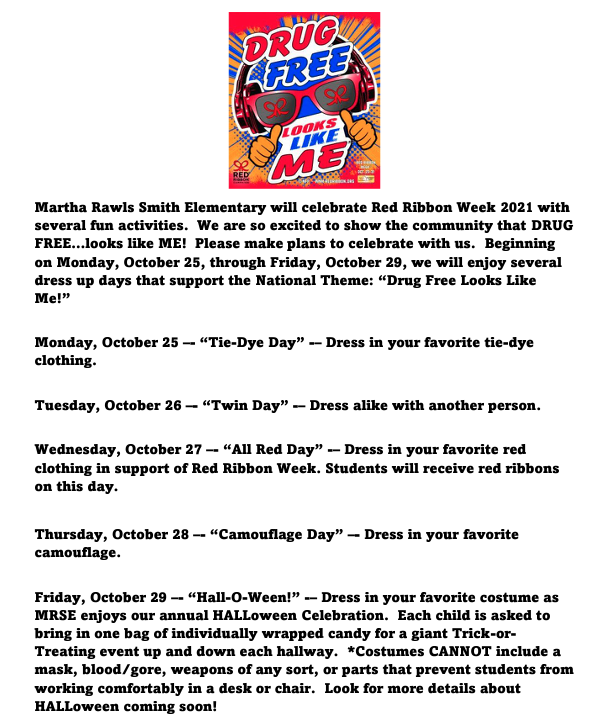 MRSE Red Ribbon Week: October 25th-29th