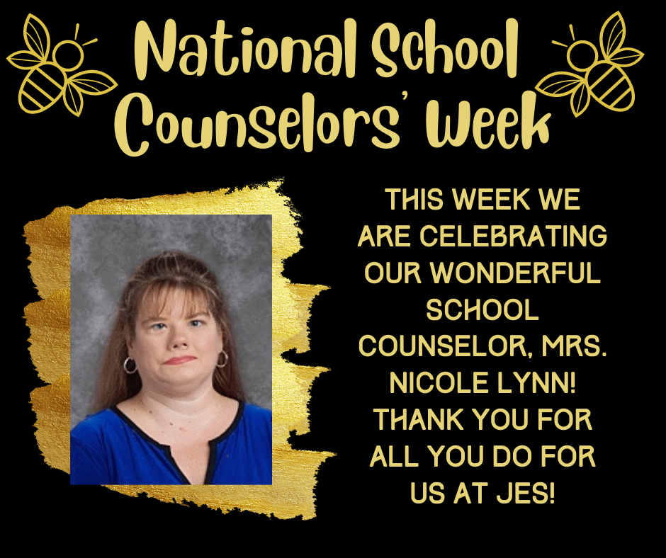Mrs. Lynn's picture on black background with gold text stating National School Counselors' Week