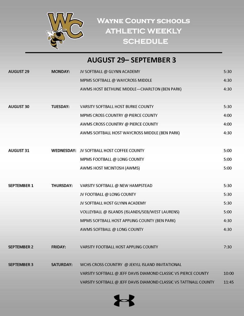 Wayne County Schools Athletic Events August 29th-September 3rd