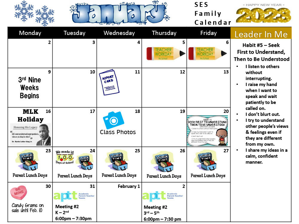 SES Family Calendar for January